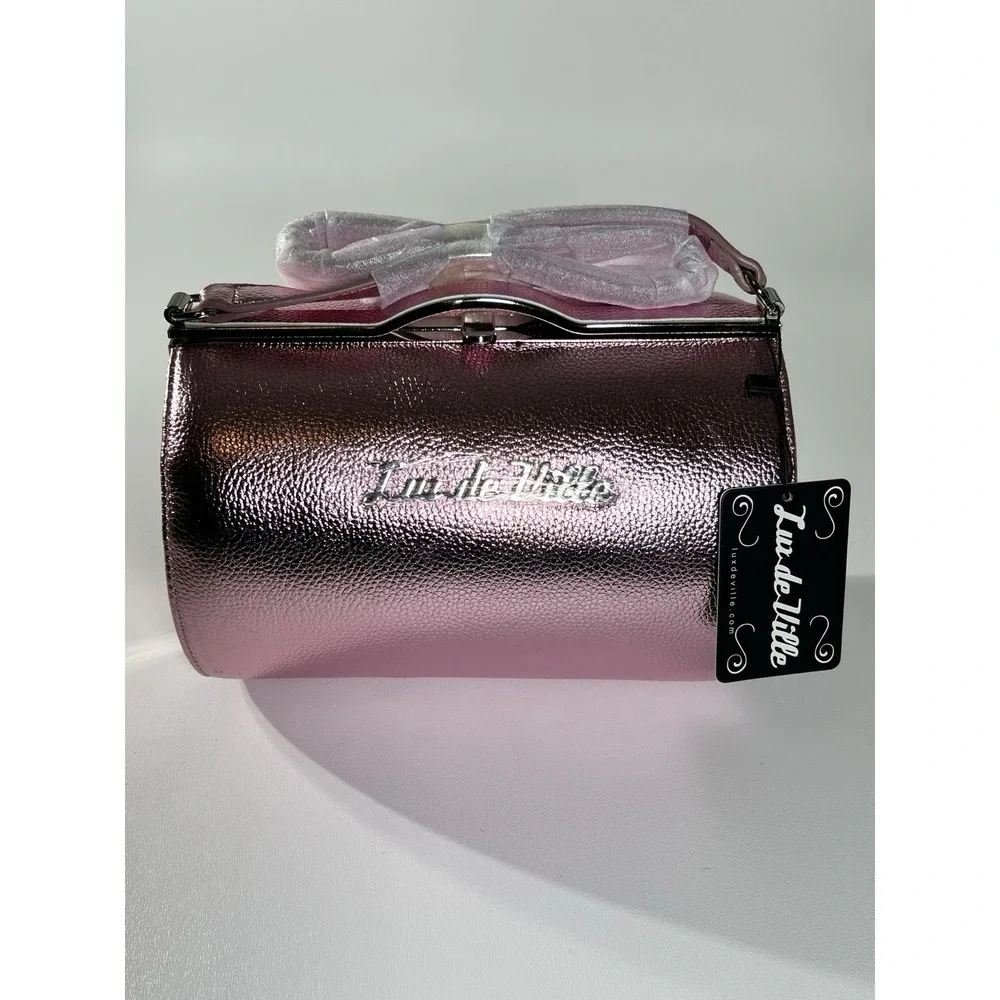 NWT Lux de Ville Pink Shimmer Cutie Pie Kiss Lock Bag Barrel Purse Rockabilly